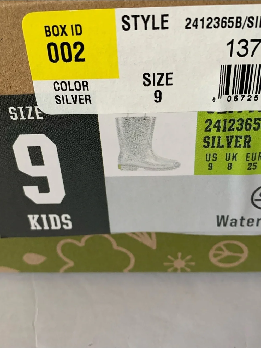 NIB. WESTERN CHIEF Silver Glitter Kids Rain Boot with Pull Handles